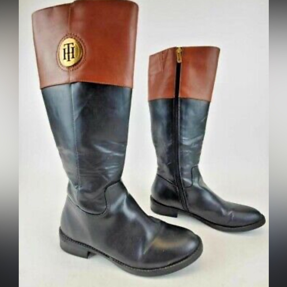 Tommy Hilfiger Black and Brown Riding Boots Gold Emblem equestrian
